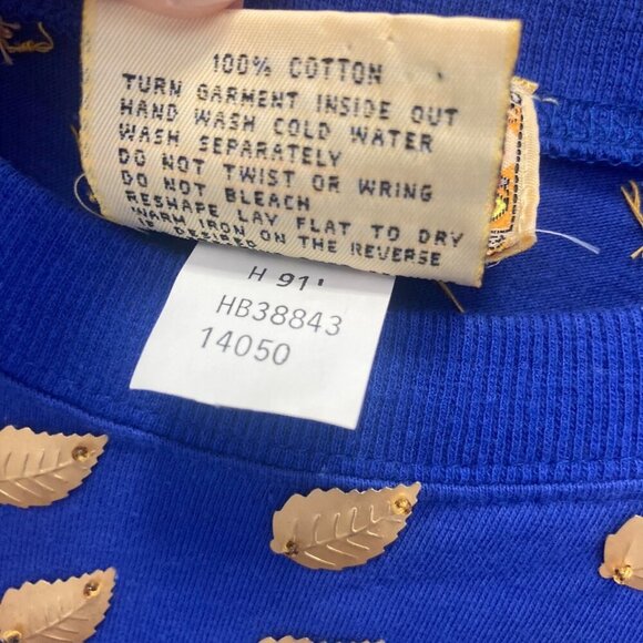 READ! Vintage Gene Ewing Bis Bis Gold Leaf Embellished Blue Knit Tee Top Small - Picture 4 of 16